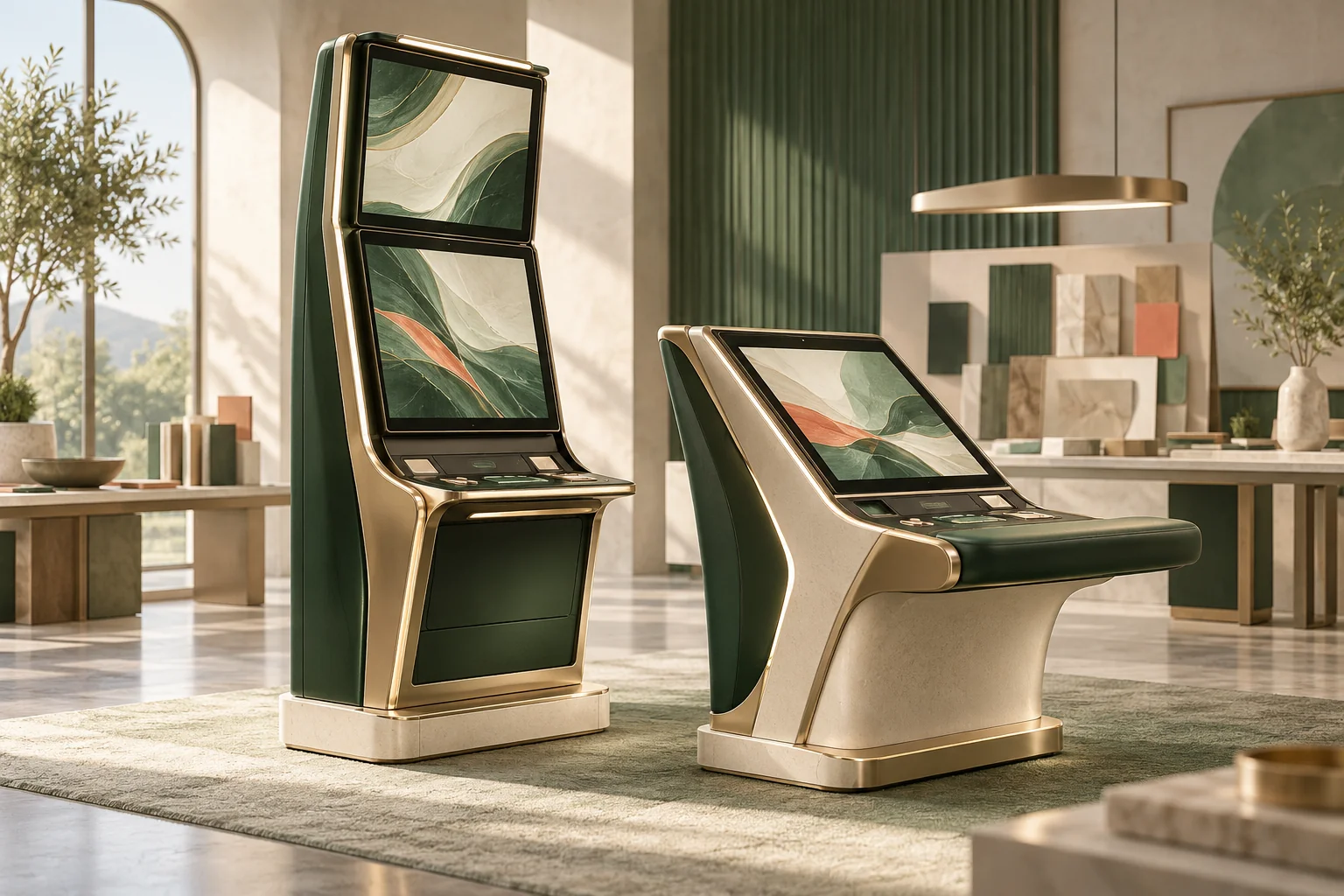 Editorial illustration comparing a dual-screen upright gaming cabinet and an ergonomic slanted cabinet