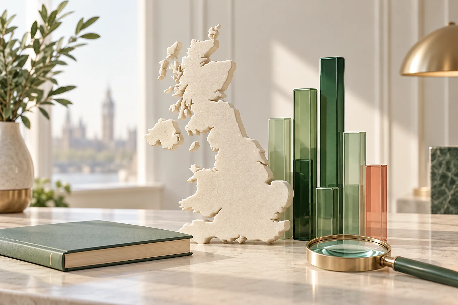 Editorial illustration of British market statistics using glass bars, a report and a Great Britain silhouette