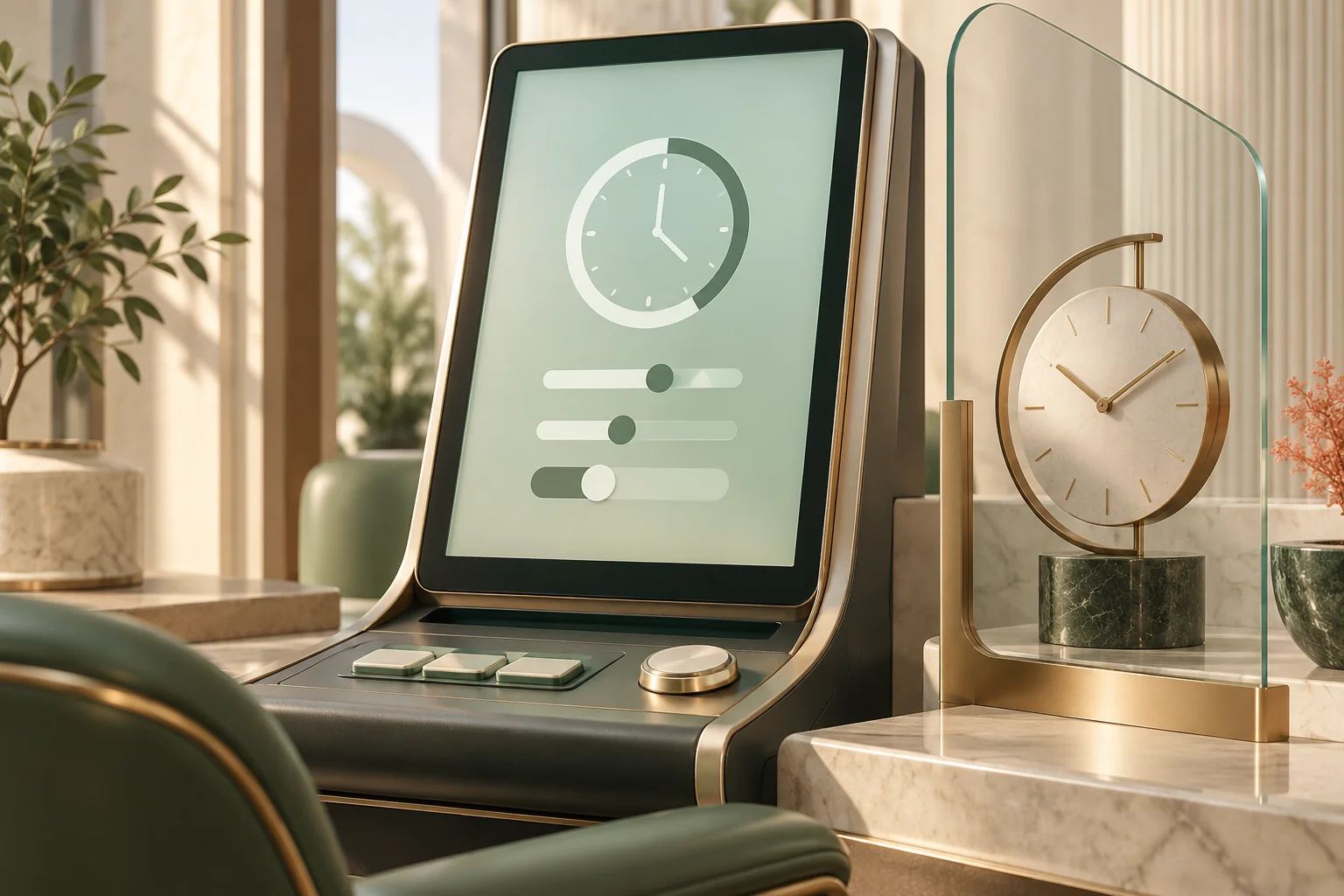 Editorial illustration of a gaming terminal with session-time and spending controls represented by a clock and sliders