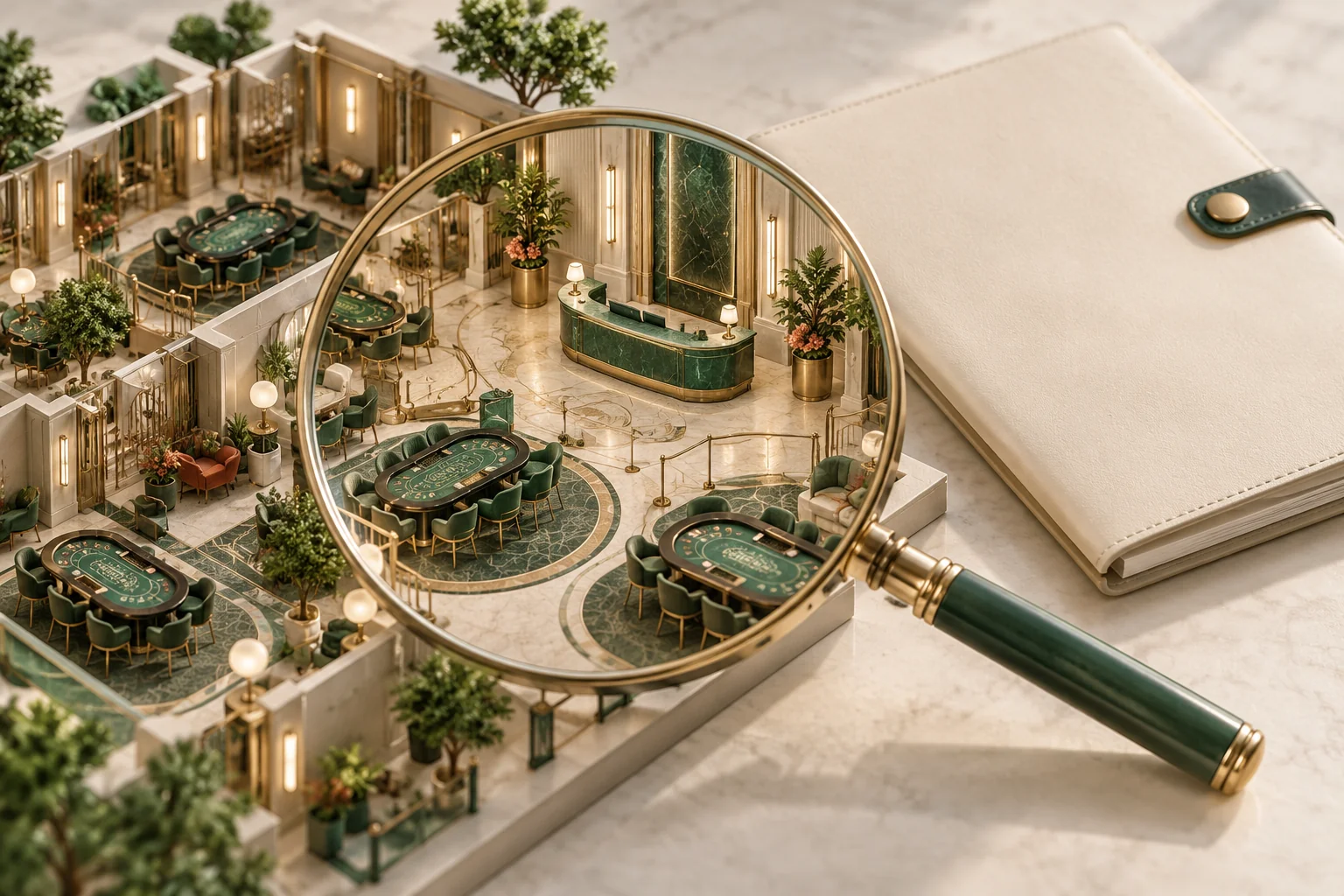 Editorial illustration of a casino floor model examined through a magnifying glass beside compliance documents