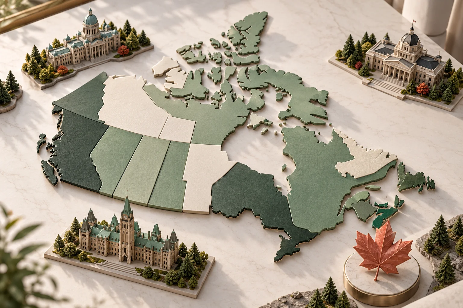 Editorial illustration of Canadian provinces as separate paper pieces beside distinct civic buildings
