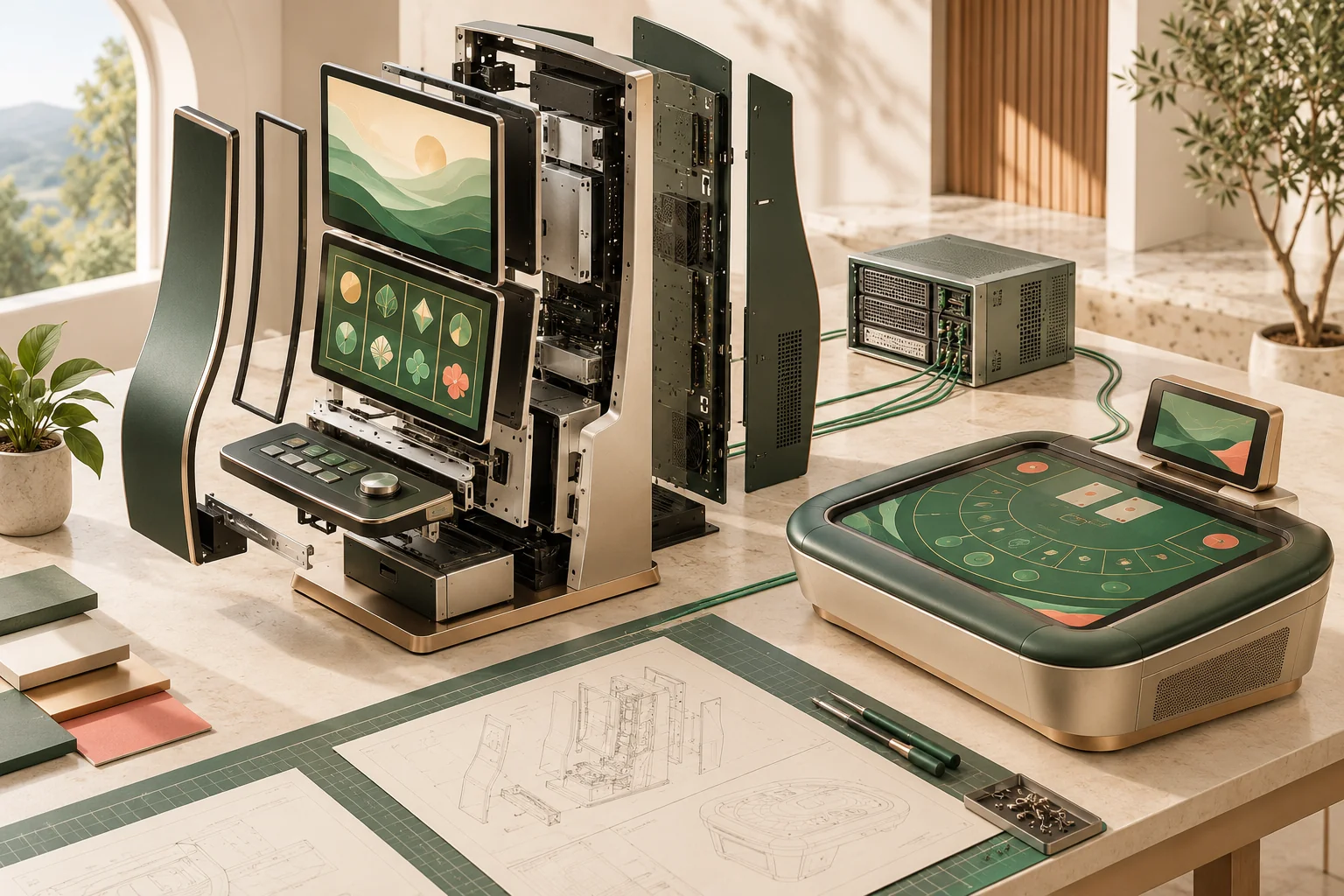 Editorial illustration of gaming cabinet components, a table terminal and a connected casino server system