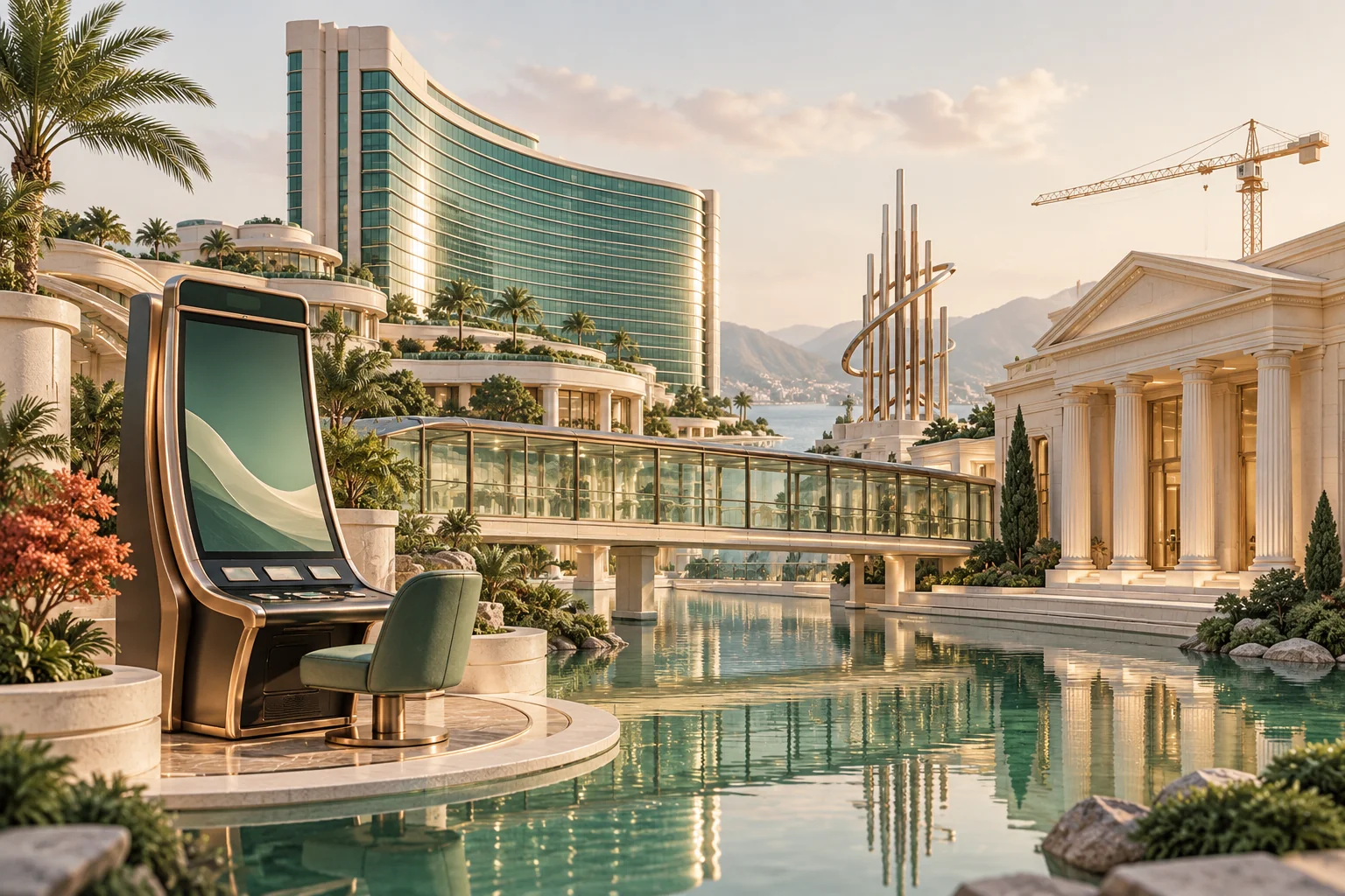 Editorial illustration connecting resort development, gaming design and regulatory oversight in one architectural landscape
