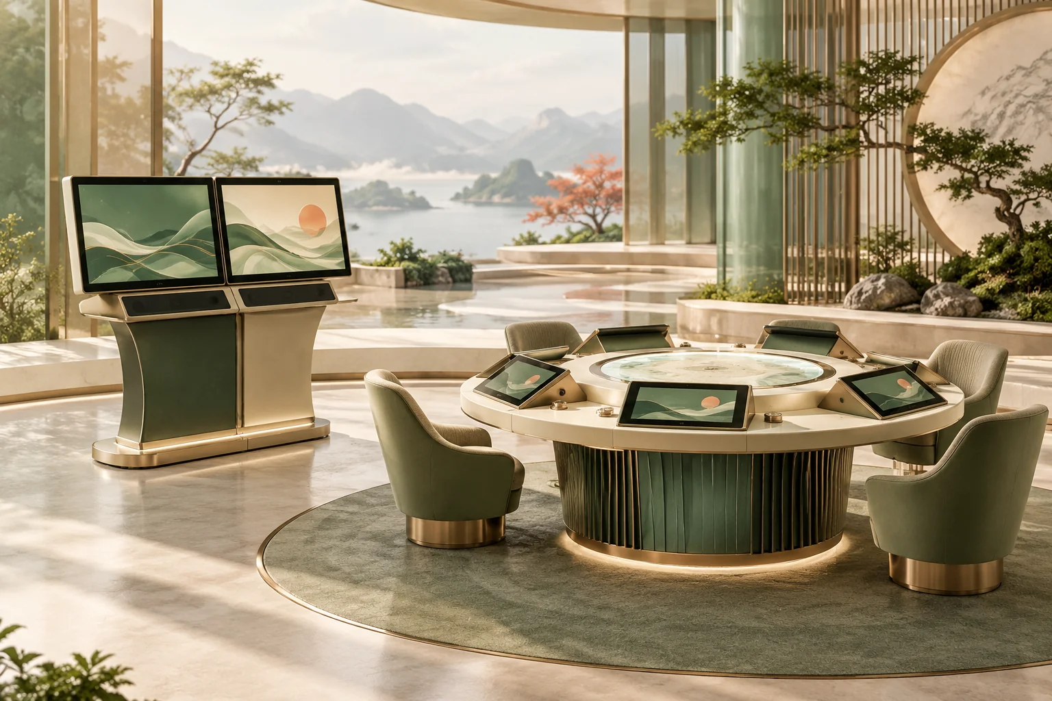 Editorial illustration of a dual-screen terminal beside a circular hybrid electronic table installation