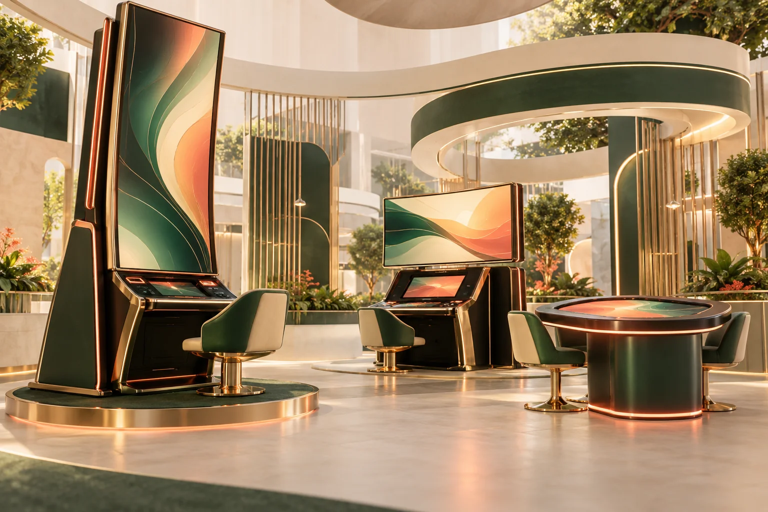 Editorial illustration of tall gaming cabinets and table-system displays at a technology exhibition