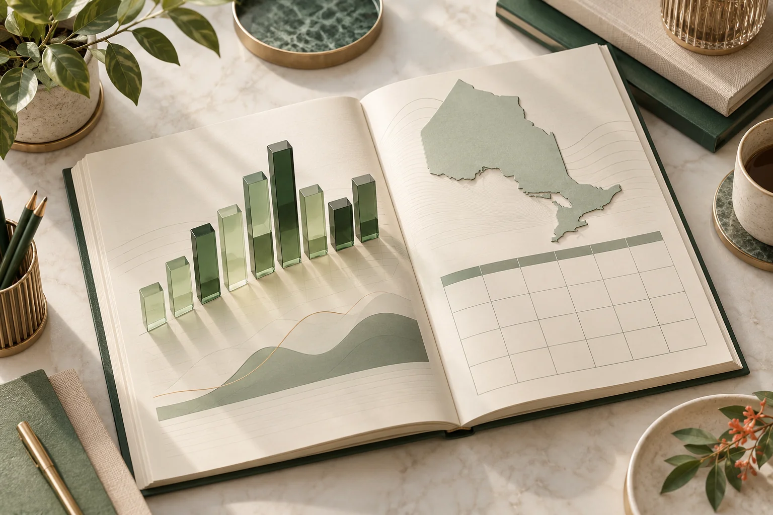 Editorial illustration of a market-report workbook, monthly calendar and Ontario-shaped paper model