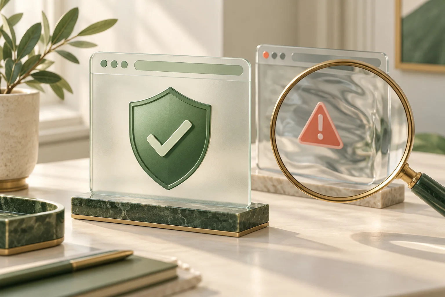 Editorial illustration of a verified website shield and a suspicious duplicated web page