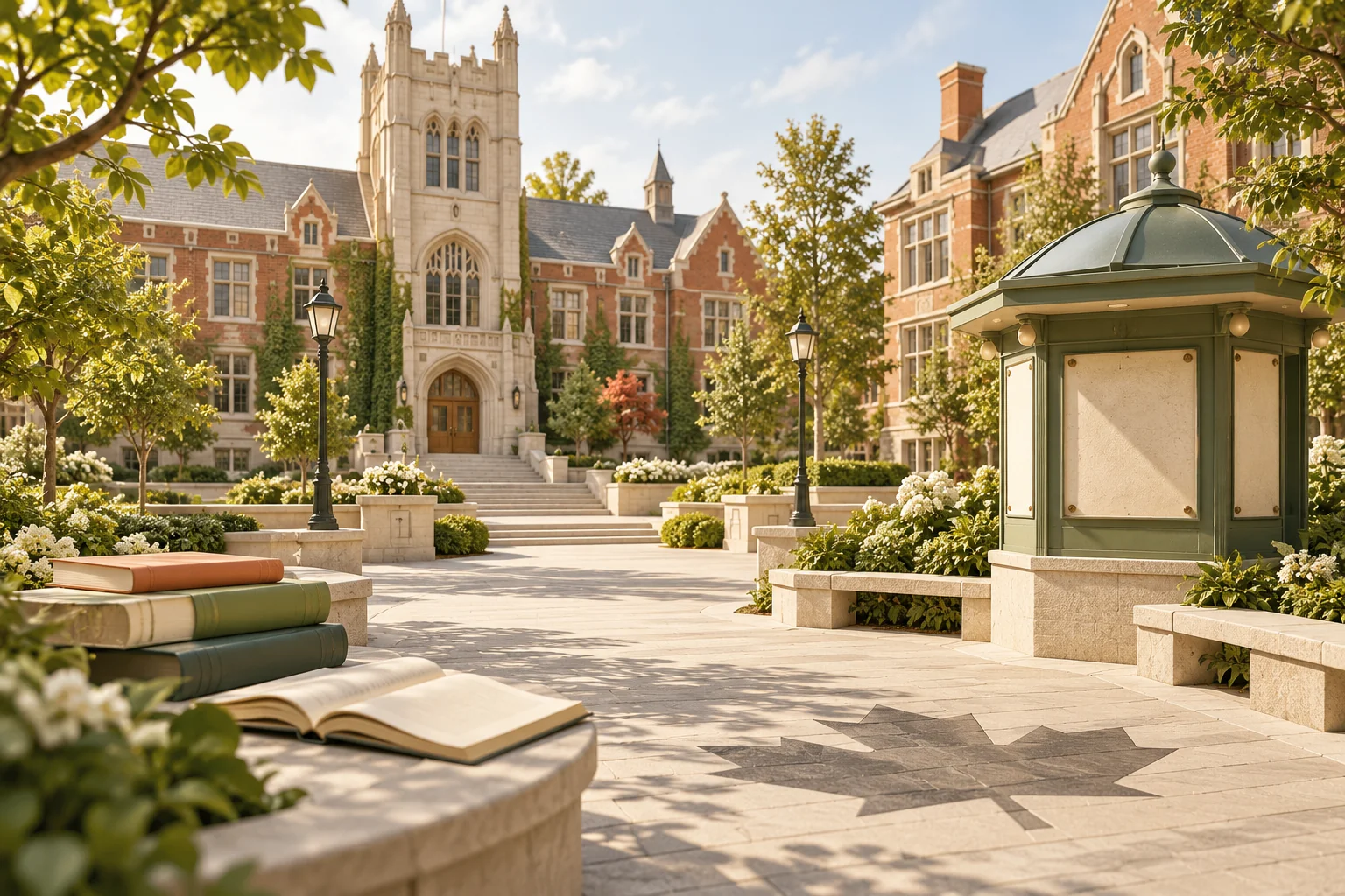Editorial illustration of an Ontario-style university campus with a gambling-awareness information stand and books