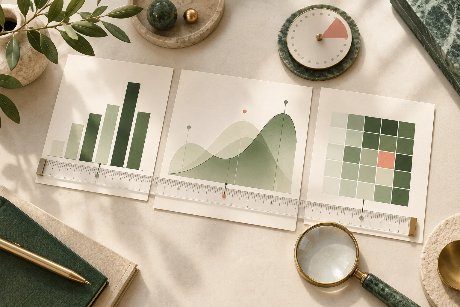 Editorial illustration comparing different reporting periods and statistical measures with analytical tools