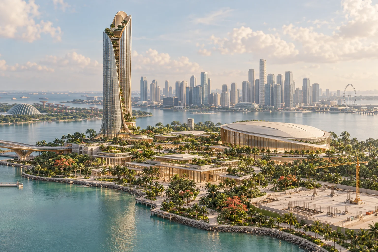 Editorial illustration of a tropical Singapore-style waterfront hotel, conference complex and arena under development