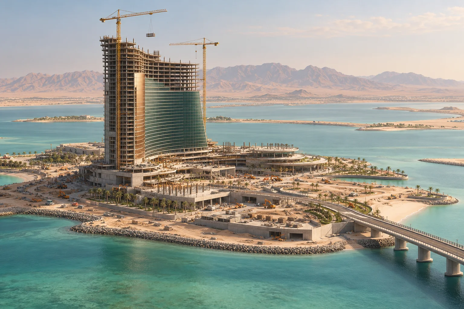 Editorial illustration of a coastal resort construction site, cranes and an access bridge in a Gulf landscape